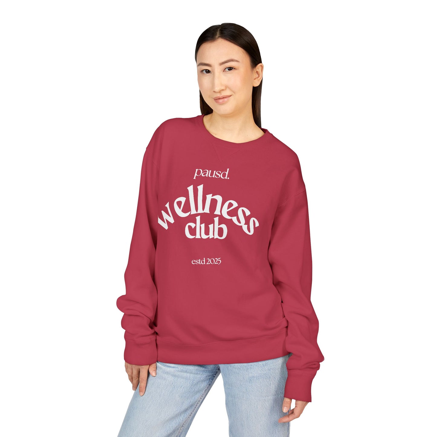 pausd Wellness Club in white Crewneck Sweatshirt | Unisex ComfortWash | Perfect for Self-Care Days, Casual Outfits, Gift for Friends