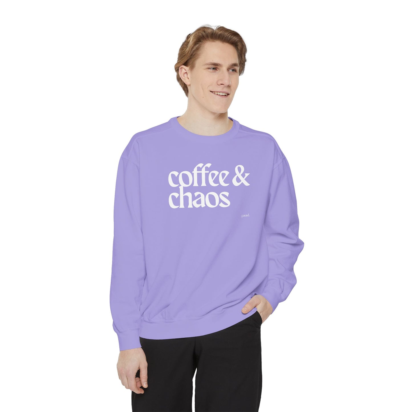 coffee and chaos in white | Unisex Garment-Dyed Sweatshirt