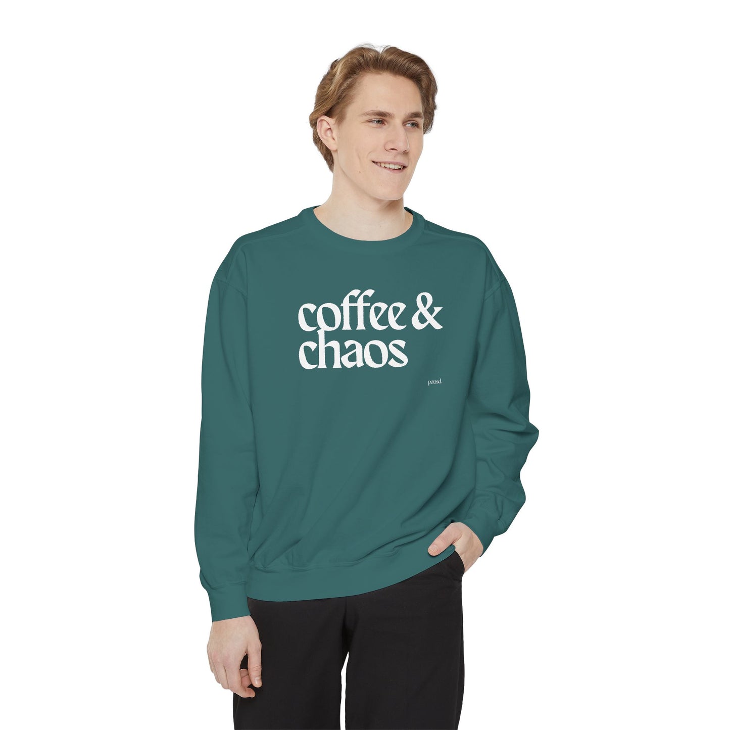 coffee and chaos in white | Unisex Garment-Dyed Sweatshirt
