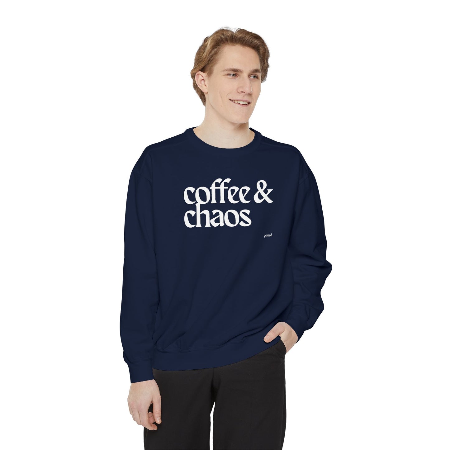 coffee and chaos in white | Unisex Garment-Dyed Sweatshirt