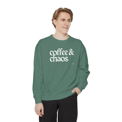 coffee and chaos in white | Unisex Garment-Dyed Sweatshirt
