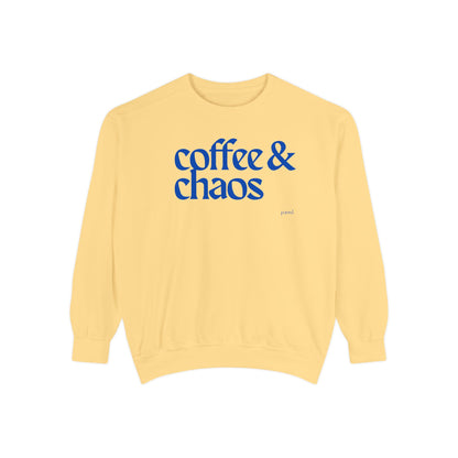 Coffee & Chaos in blue  Unisex Garment-Dyed Sweatshirt, Cozy Casual Wear, Gift for Coffee Lovers, Ideal for Relaxing Days, Perfect for Birthdays