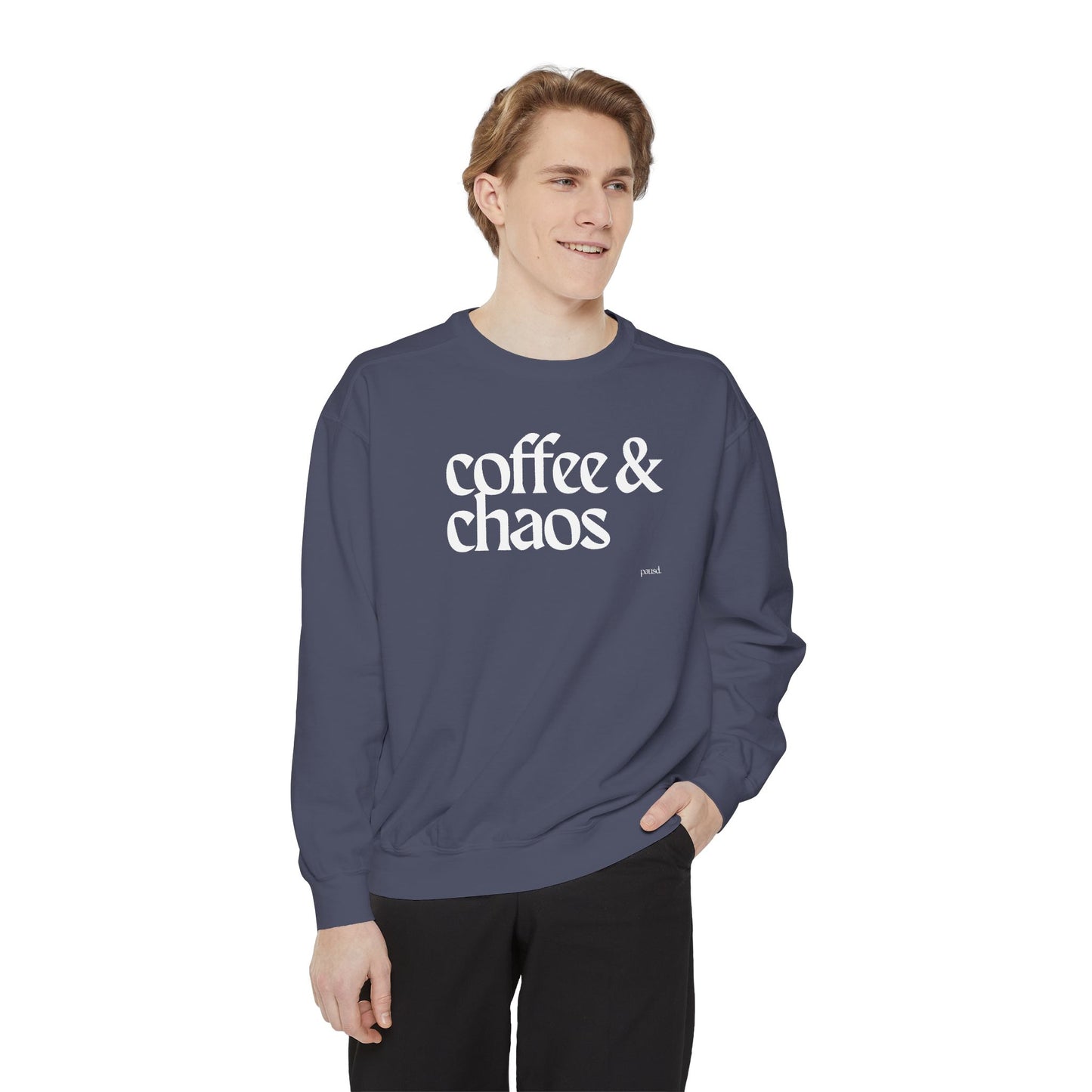 coffee and chaos in white | Unisex Garment-Dyed Sweatshirt