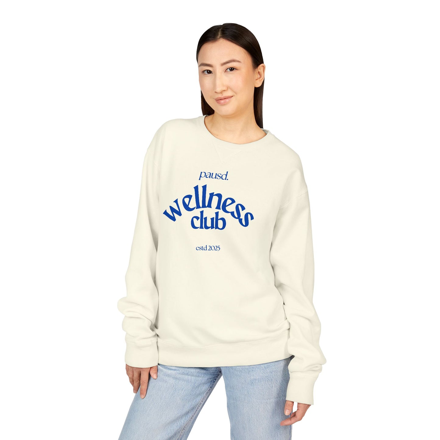 Pausd Wellness Club in Blue Crewneck Sweatshirt, Cozy Sweatshirt for Self-Care, Gifts for Health Lovers, Everyday Comfort Apparel, Relaxed Fit Sweatshirt