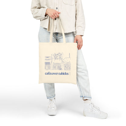 Cafes over Cubicles in Line Art - Soft Hustle Tote Bag, Eco-Friendly Tote, Reusable Grocery Bag, Motivational Canvas Bag, Gift for Her, Everyday Carryall