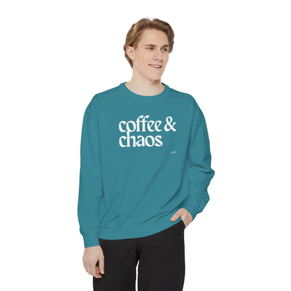 coffee and chaos in white | Unisex Garment-Dyed Sweatshirt