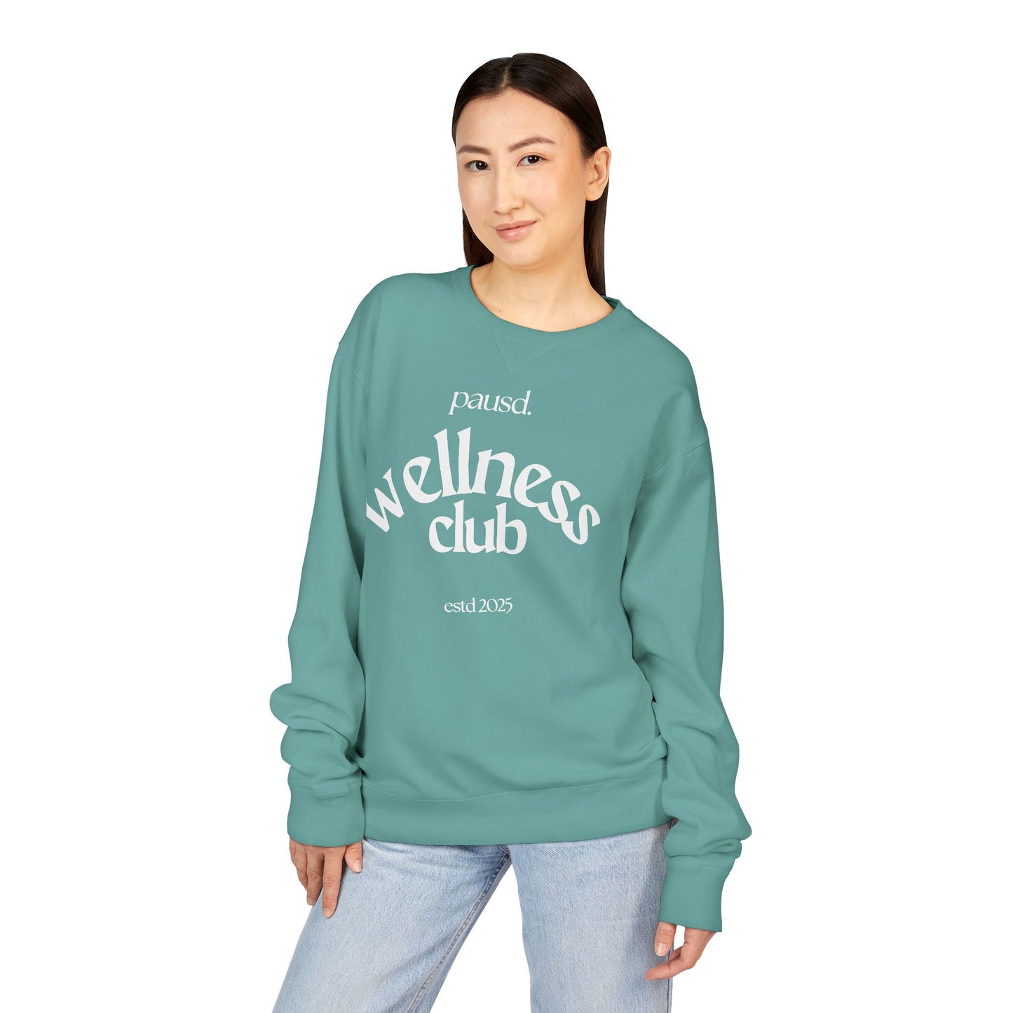 pausd Wellness Club in white Crewneck Sweatshirt | Unisex ComfortWash | Perfect for Self-Care Days, Casual Outfits, Gift for Friends