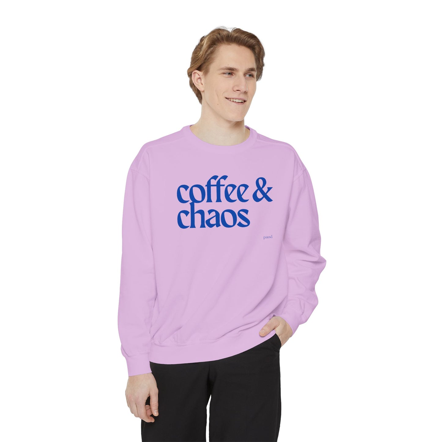 Coffee & Chaos in blue  Unisex Garment-Dyed Sweatshirt, Cozy Casual Wear, Gift for Coffee Lovers, Ideal for Relaxing Days, Perfect for Birthdays