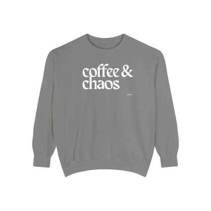 coffee and chaos in white | Unisex Garment-Dyed Sweatshirt
