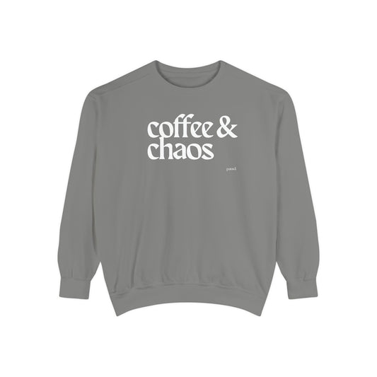 coffee and chaos in white | Unisex Garment-Dyed Sweatshirt
