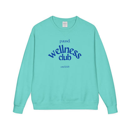 Pausd Wellness Club in Blue Crewneck Sweatshirt, Cozy Sweatshirt for Self-Care, Gifts for Health Lovers, Everyday Comfort Apparel, Relaxed Fit Sweatshirt
