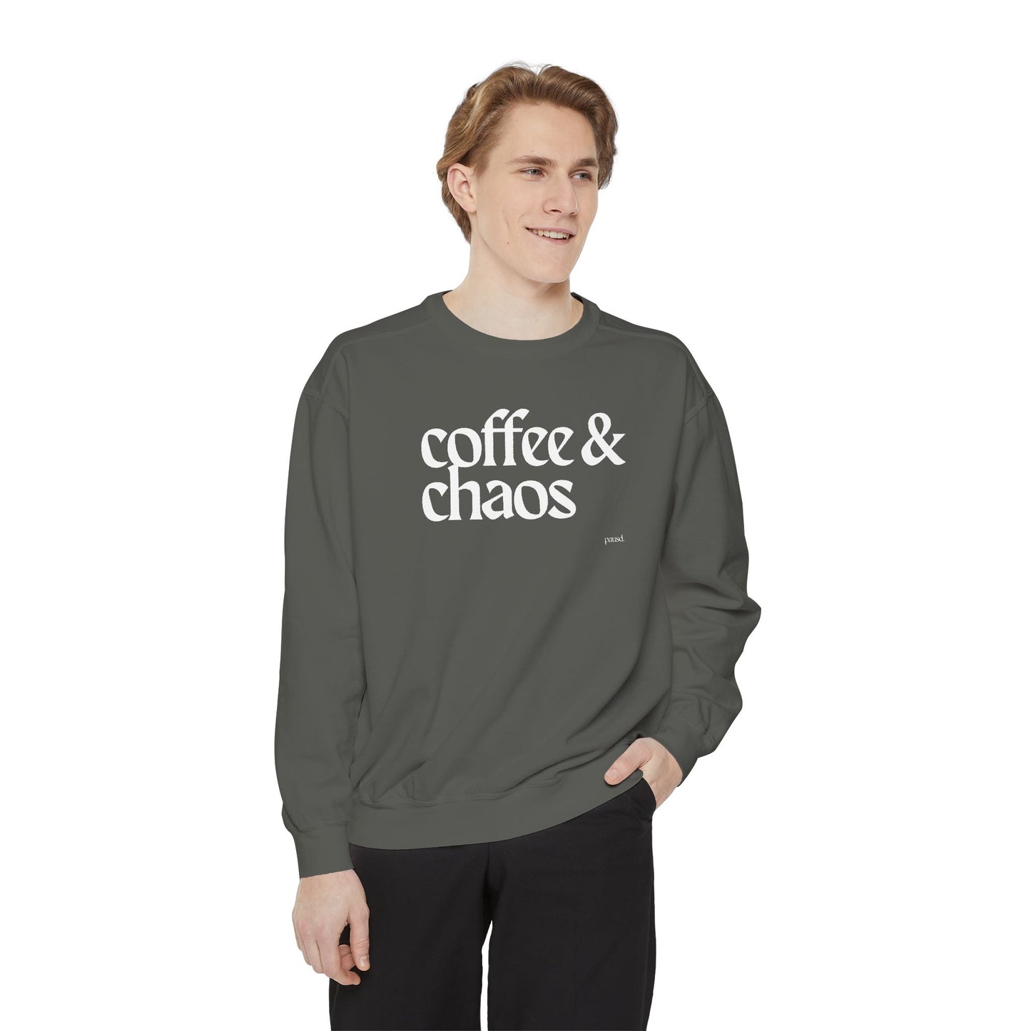 coffee and chaos in white | Unisex Garment-Dyed Sweatshirt