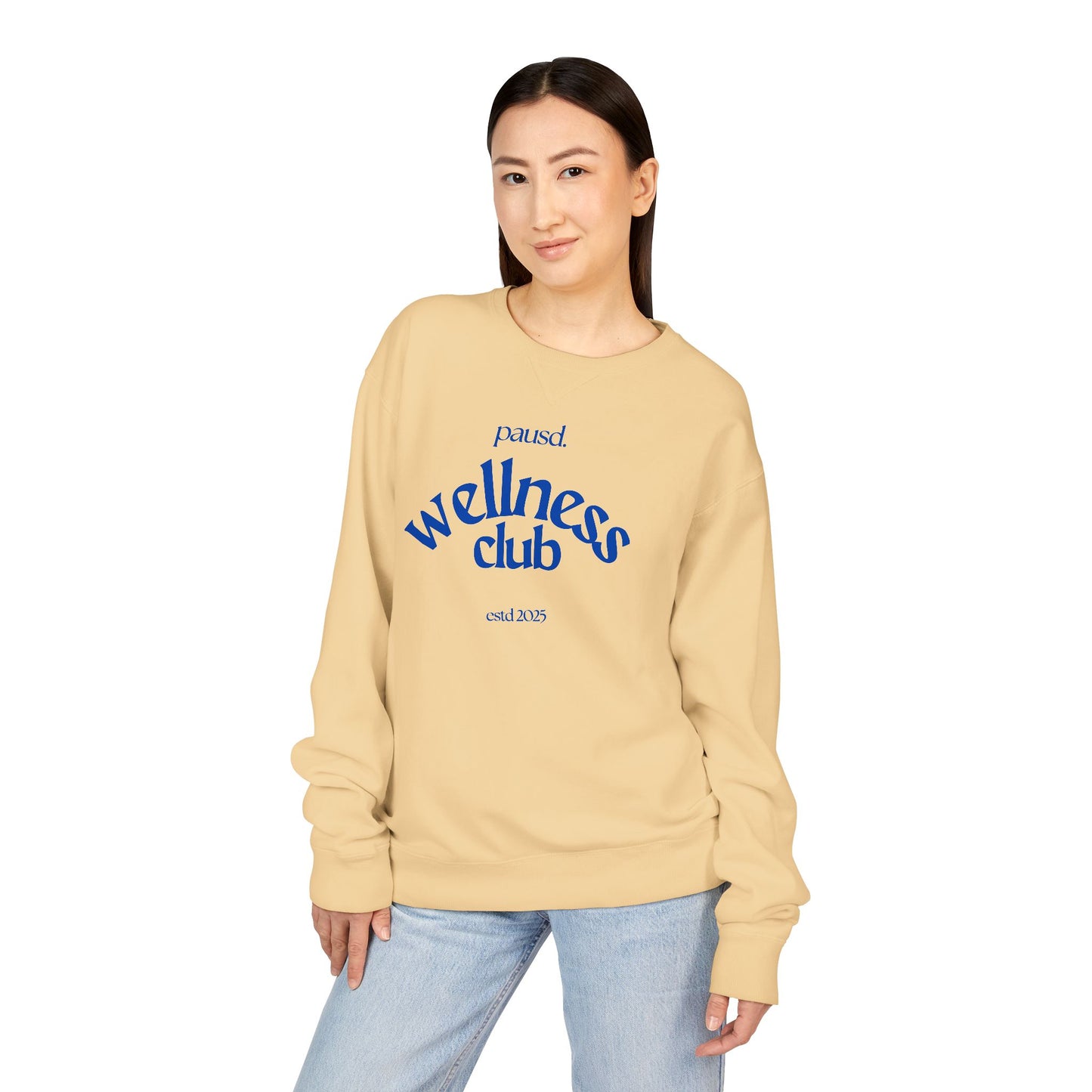Pausd Wellness Club in Blue Crewneck Sweatshirt, Cozy Sweatshirt for Self-Care, Gifts for Health Lovers, Everyday Comfort Apparel, Relaxed Fit Sweatshirt