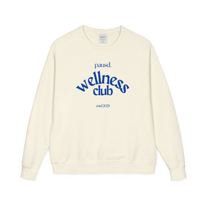 Pausd Wellness Club in Blue Crewneck Sweatshirt, Cozy Sweatshirt for Self-Care, Gifts for Health Lovers, Everyday Comfort Apparel, Relaxed Fit Sweatshirt