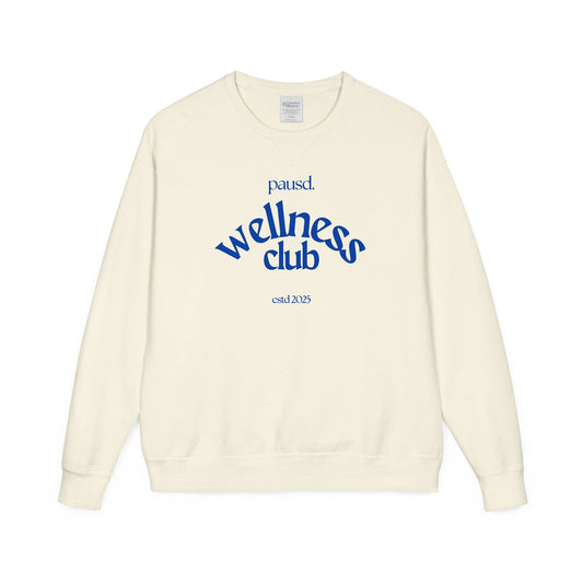 Pausd Wellness Club in Blue Crewneck Sweatshirt, Cozy Sweatshirt for Self-Care, Gifts for Health Lovers, Everyday Comfort Apparel, Relaxed Fit Sweatshirt