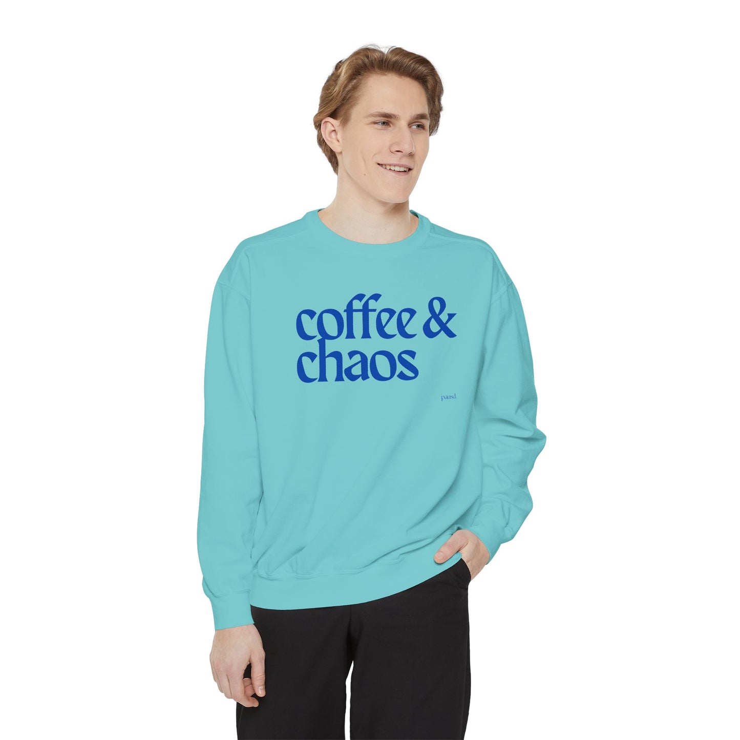 Coffee & Chaos in blue  Unisex Garment-Dyed Sweatshirt, Cozy Casual Wear, Gift for Coffee Lovers, Ideal for Relaxing Days, Perfect for Birthdays