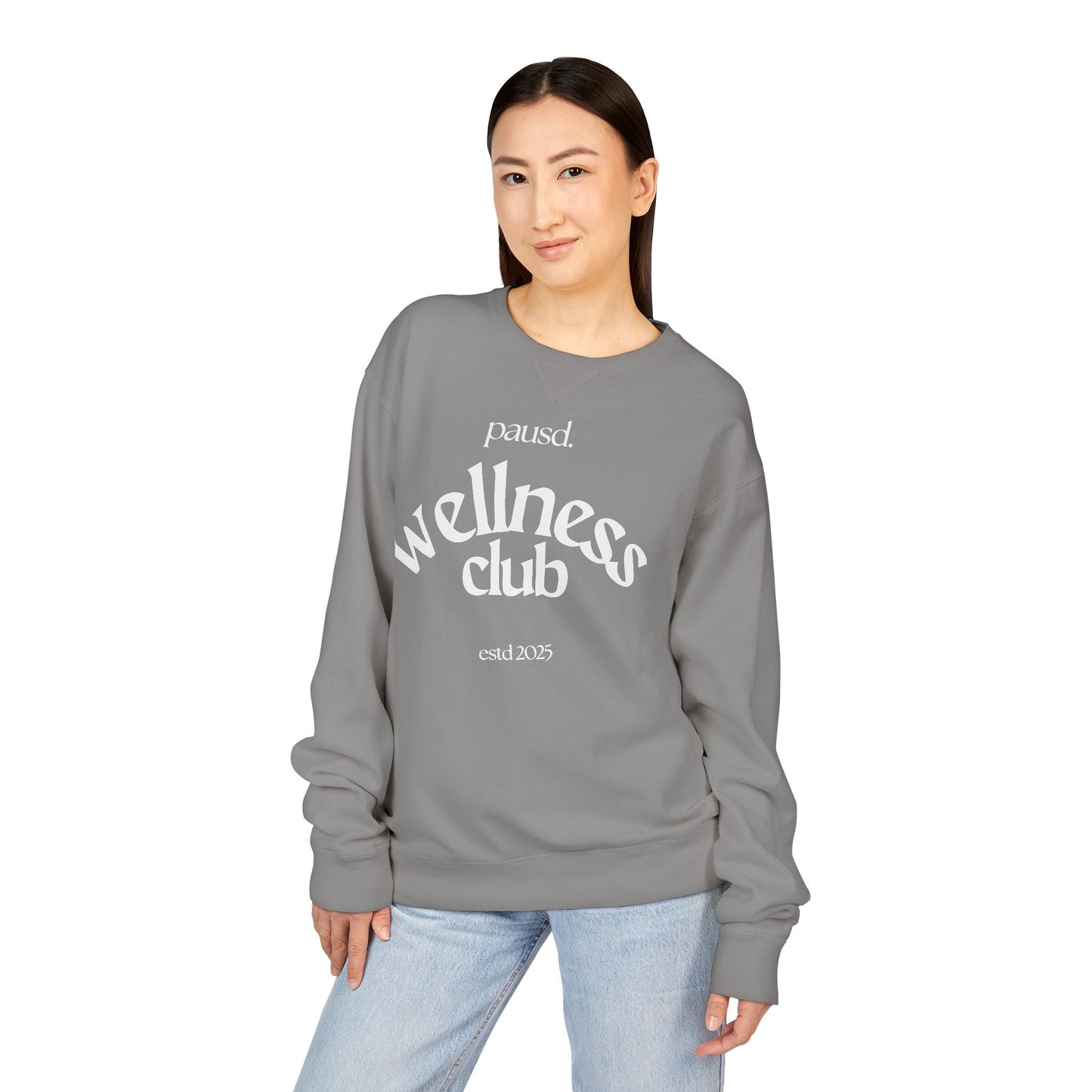 pausd Wellness Club in white Crewneck Sweatshirt | Unisex ComfortWash | Perfect for Self-Care Days, Casual Outfits, Gift for Friends