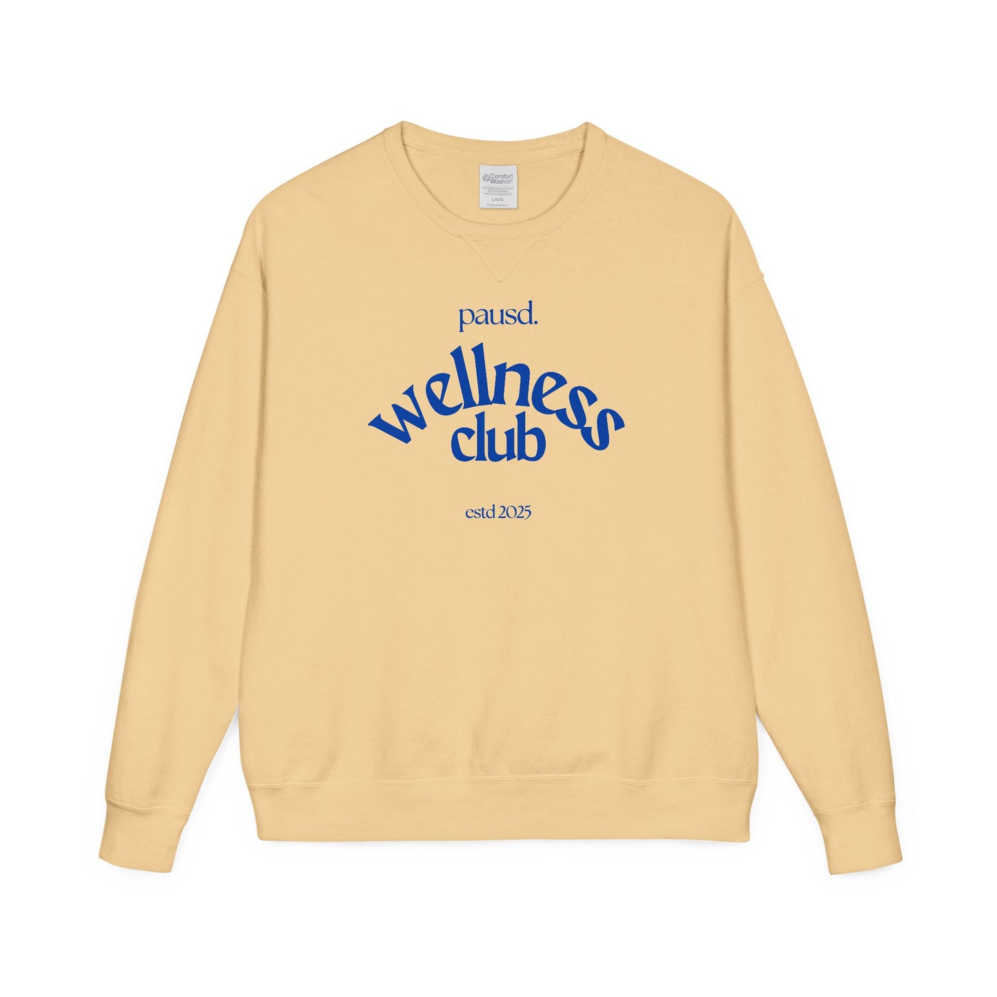 Pausd Wellness Club in Blue Crewneck Sweatshirt, Cozy Sweatshirt for Self-Care, Gifts for Health Lovers, Everyday Comfort Apparel, Relaxed Fit Sweatshirt