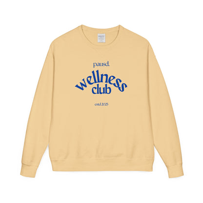 Pausd Wellness Club in Blue Crewneck Sweatshirt, Cozy Sweatshirt for Self-Care, Gifts for Health Lovers, Everyday Comfort Apparel, Relaxed Fit Sweatshirt