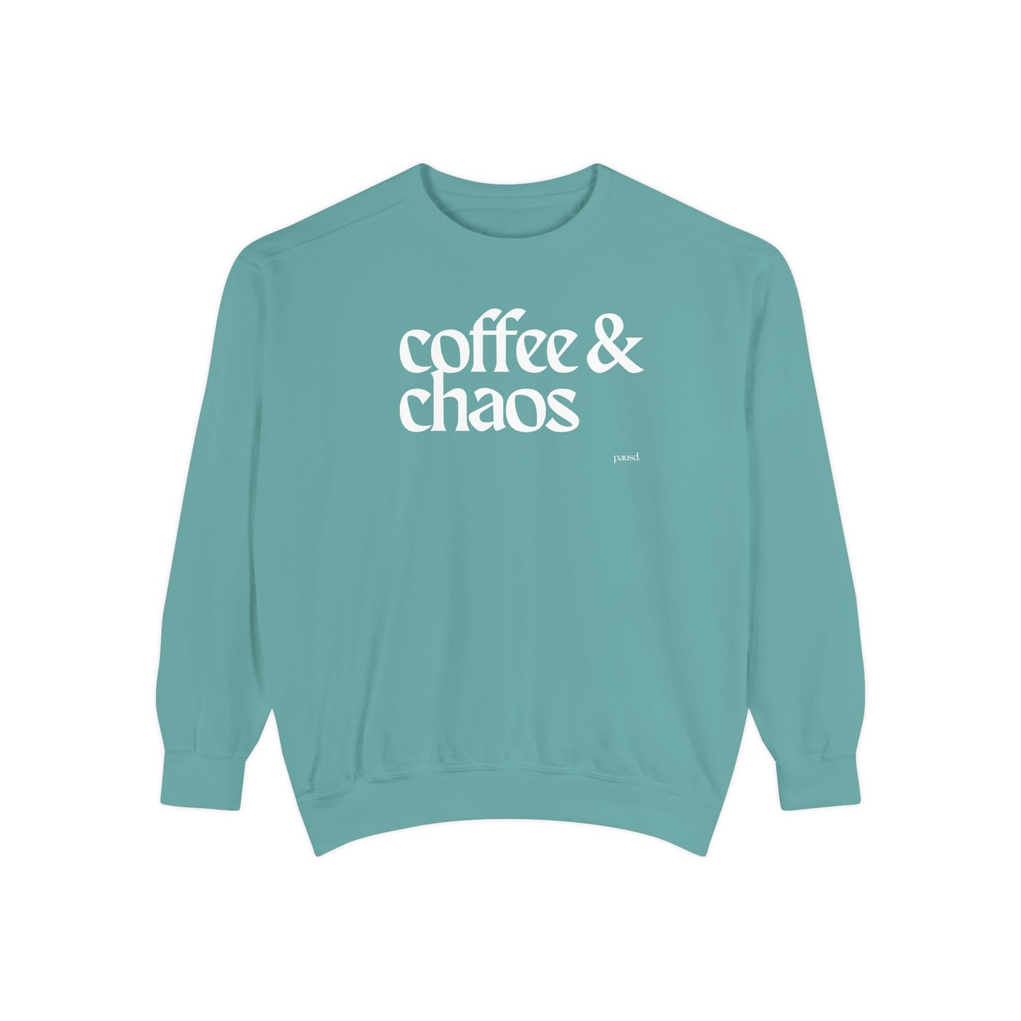 coffee and chaos in white | Unisex Garment-Dyed Sweatshirt