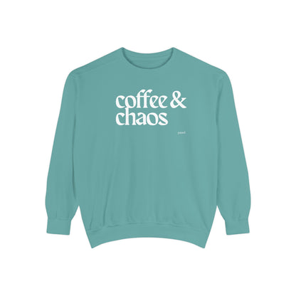 coffee and chaos in white | Unisex Garment-Dyed Sweatshirt