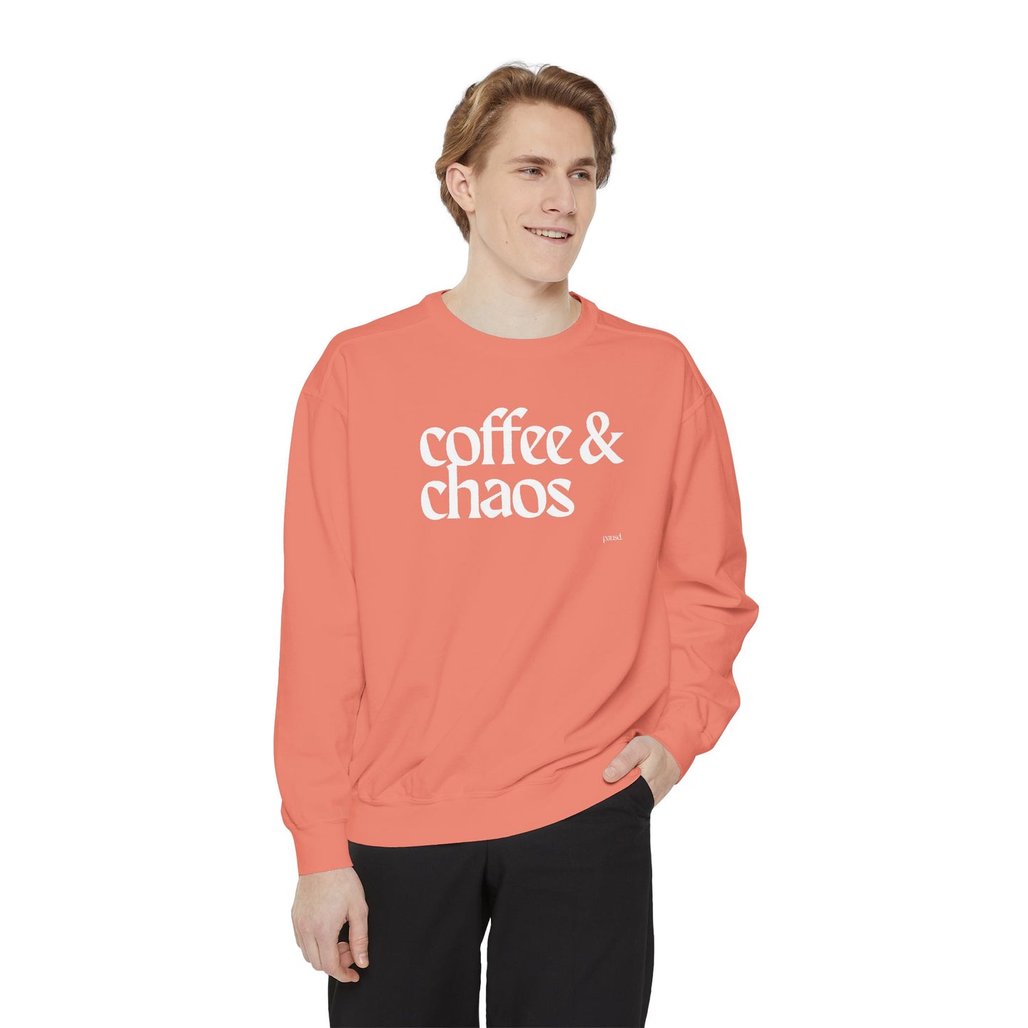 coffee and chaos in white | Unisex Garment-Dyed Sweatshirt