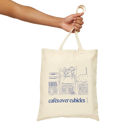 Cafes over Cubicles in Line Art - Soft Hustle Tote Bag, Eco-Friendly Tote, Reusable Grocery Bag, Motivational Canvas Bag, Gift for Her, Everyday Carryall