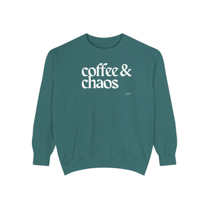 coffee and chaos in white | Unisex Garment-Dyed Sweatshirt