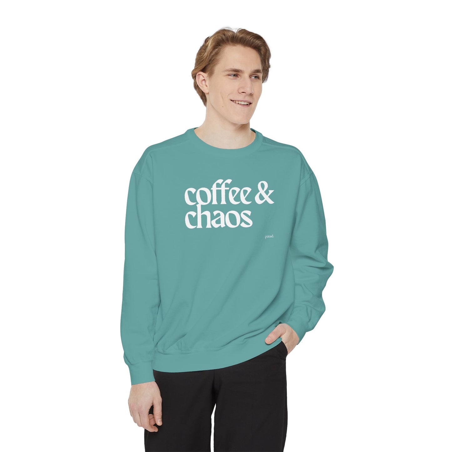 coffee and chaos in white | Unisex Garment-Dyed Sweatshirt