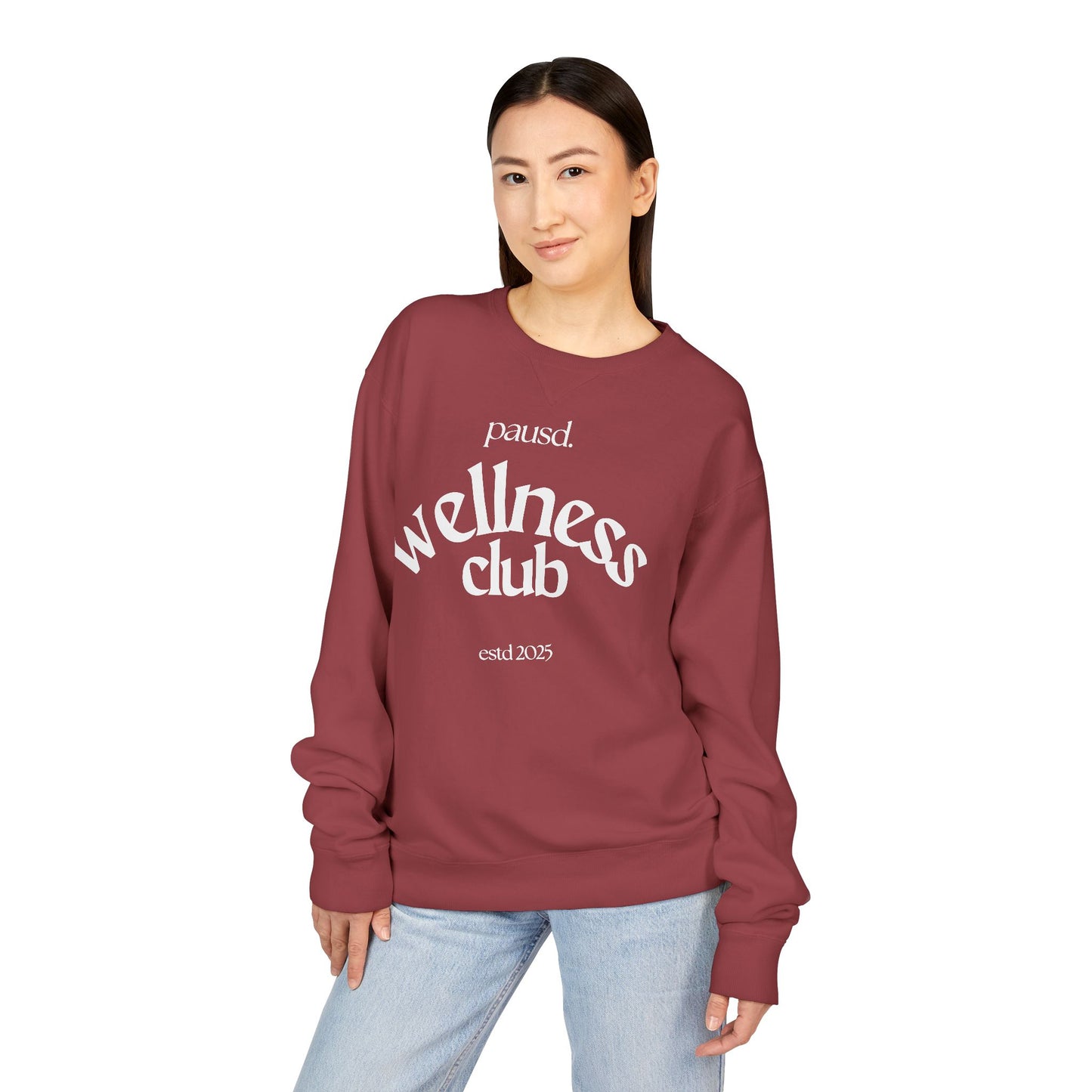 pausd Wellness Club in white Crewneck Sweatshirt | Unisex ComfortWash | Perfect for Self-Care Days, Casual Outfits, Gift for Friends