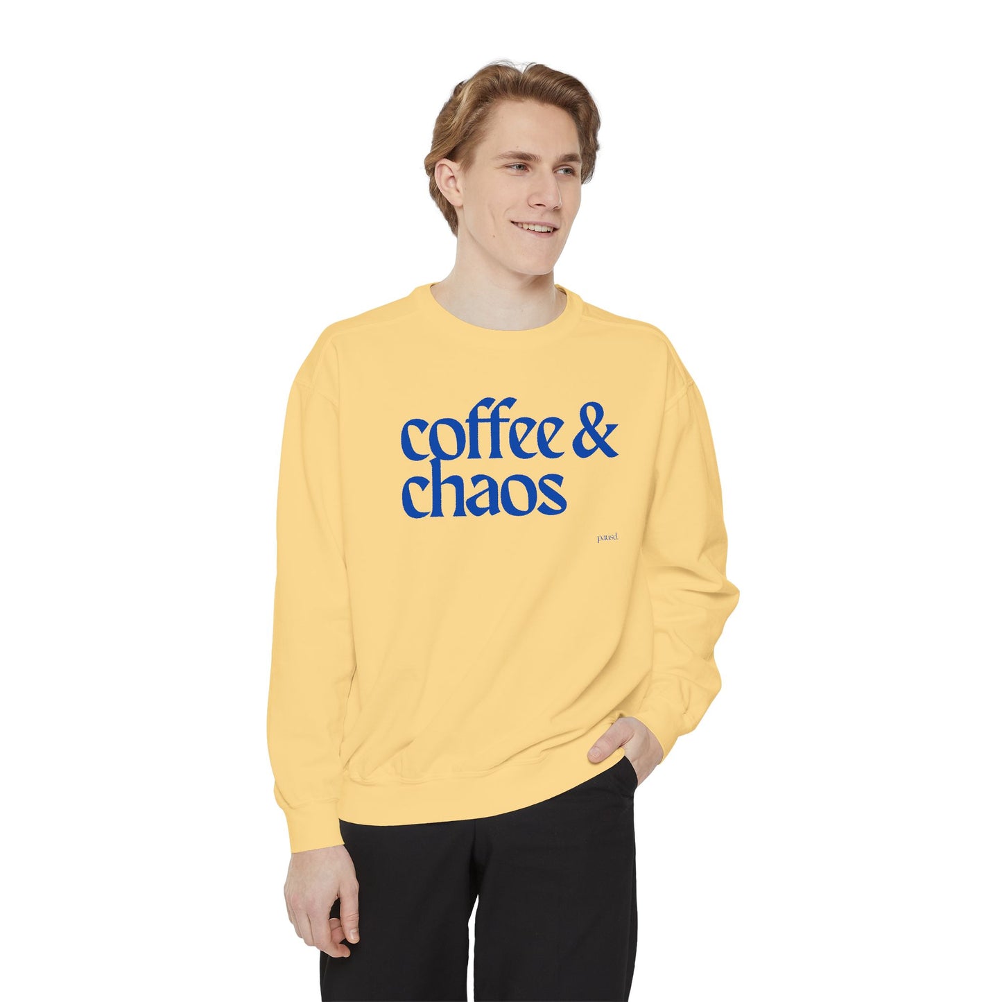 Coffee & Chaos in blue  Unisex Garment-Dyed Sweatshirt, Cozy Casual Wear, Gift for Coffee Lovers, Ideal for Relaxing Days, Perfect for Birthdays