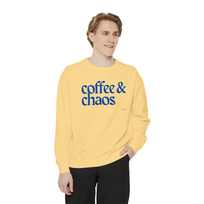 Coffee & Chaos in blue  Unisex Garment-Dyed Sweatshirt, Cozy Casual Wear, Gift for Coffee Lovers, Ideal for Relaxing Days, Perfect for Birthdays
