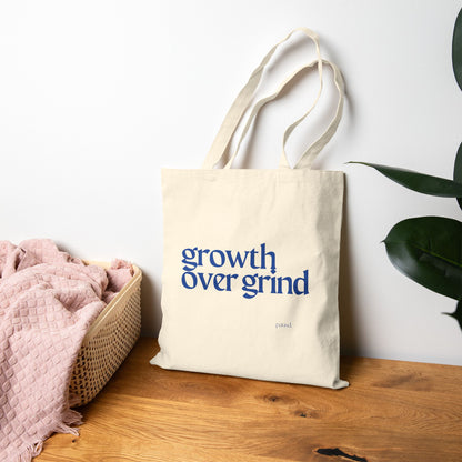 Growth Over Grind  (Blue) Tote Bag, Eco-Friendly Tote, Reusable Grocery Bag, Motivational Canvas Bag, Gift for Her, Everyday Carryall