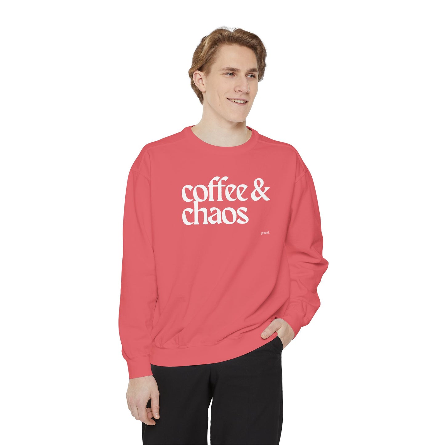 coffee and chaos in white | Unisex Garment-Dyed Sweatshirt