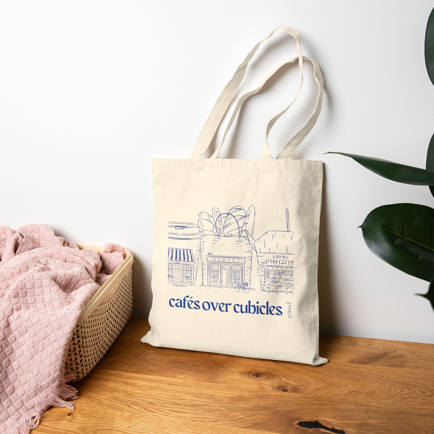 Cafes over Cubicles in Line Art - Soft Hustle Tote Bag, Eco-Friendly Tote, Reusable Grocery Bag, Motivational Canvas Bag, Gift for Her, Everyday Carryall