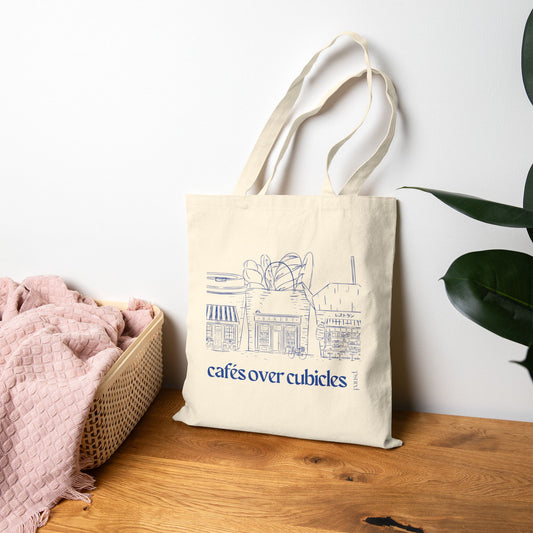 Cafes over Cubicles in Line Art - Soft Hustle Tote Bag, Eco-Friendly Tote, Reusable Grocery Bag, Motivational Canvas Bag, Gift for Her, Everyday Carryall