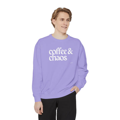 coffee and chaos in white | Unisex Garment-Dyed Sweatshirt