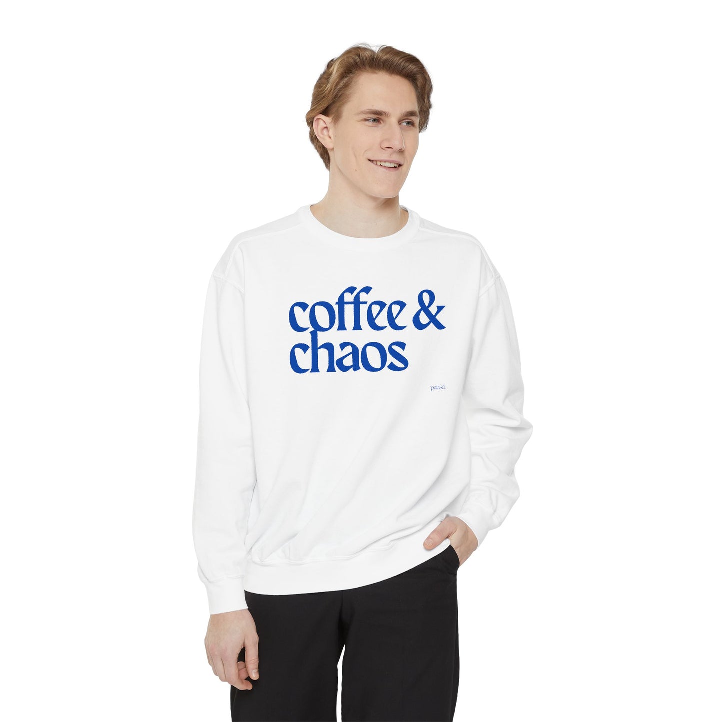 Coffee & Chaos in blue  Unisex Garment-Dyed Sweatshirt, Cozy Casual Wear, Gift for Coffee Lovers, Ideal for Relaxing Days, Perfect for Birthdays