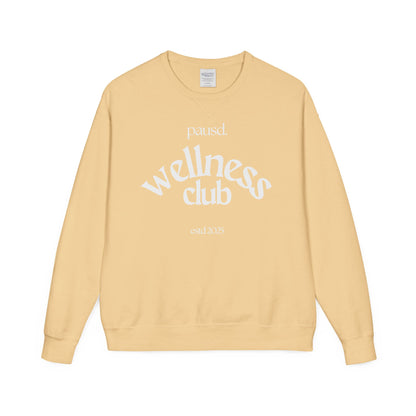 pausd Wellness Club in white Crewneck Sweatshirt | Unisex ComfortWash | Perfect for Self-Care Days, Casual Outfits, Gift for Friends