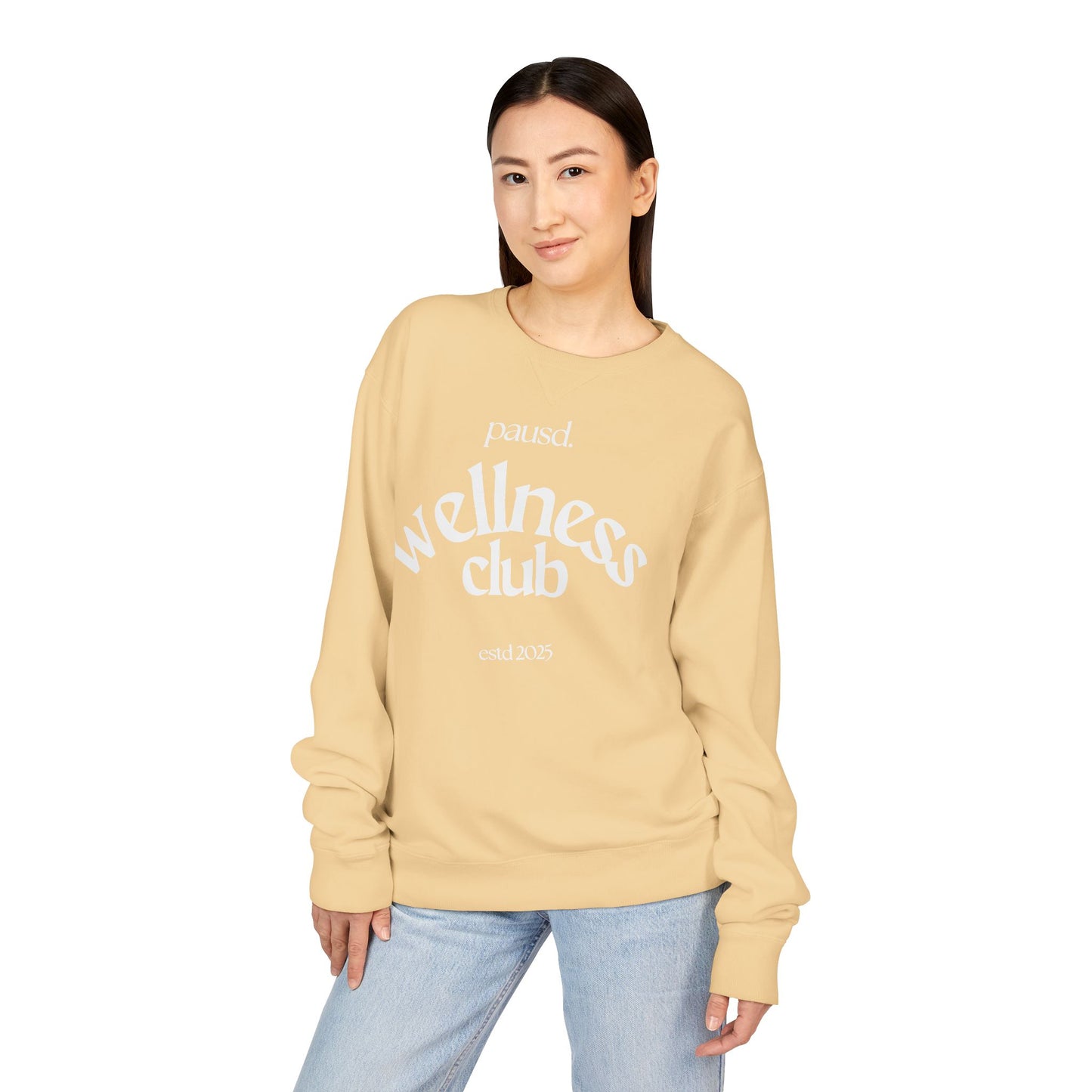 pausd Wellness Club in white Crewneck Sweatshirt | Unisex ComfortWash | Perfect for Self-Care Days, Casual Outfits, Gift for Friends