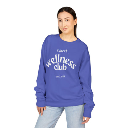 pausd Wellness Club in white Crewneck Sweatshirt | Unisex ComfortWash | Perfect for Self-Care Days, Casual Outfits, Gift for Friends