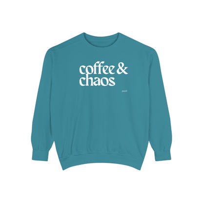 coffee and chaos in white | Unisex Garment-Dyed Sweatshirt