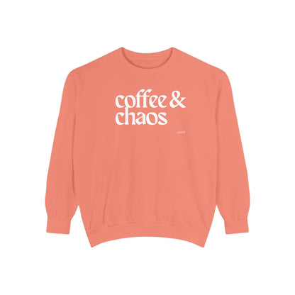 coffee and chaos in white | Unisex Garment-Dyed Sweatshirt