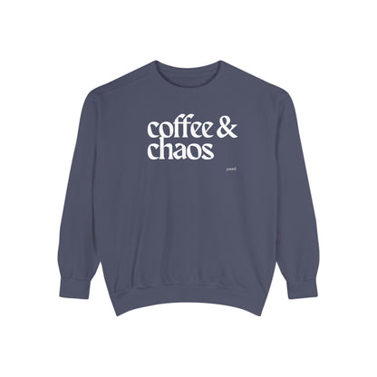 coffee and chaos in white | Unisex Garment-Dyed Sweatshirt