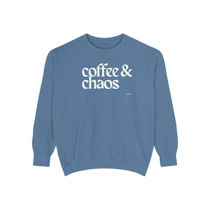 coffee and chaos in white | Unisex Garment-Dyed Sweatshirt