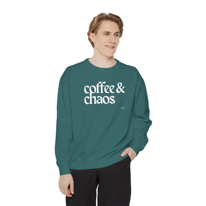 coffee and chaos in white | Unisex Garment-Dyed Sweatshirt