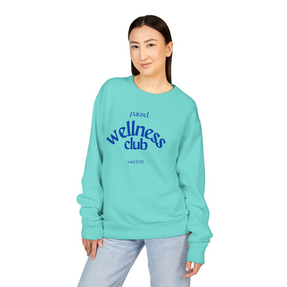 Pausd Wellness Club in Blue Crewneck Sweatshirt, Cozy Sweatshirt for Self-Care, Gifts for Health Lovers, Everyday Comfort Apparel, Relaxed Fit Sweatshirt