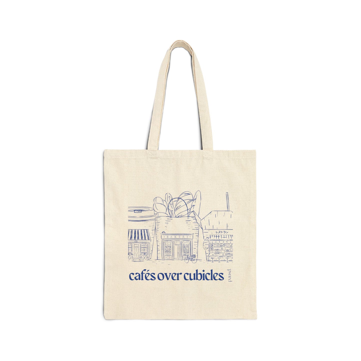 Cafes over Cubicles in Line Art - Soft Hustle Tote Bag, Eco-Friendly Tote, Reusable Grocery Bag, Motivational Canvas Bag, Gift for Her, Everyday Carryall