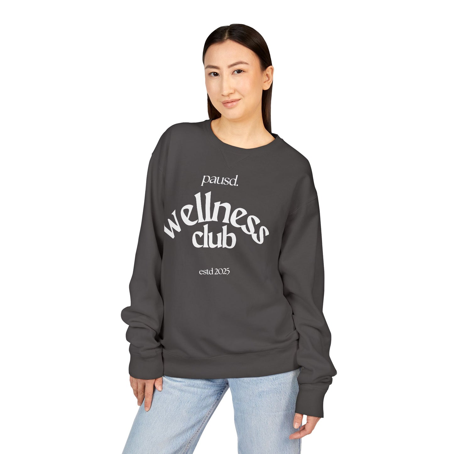 pausd Wellness Club in white Crewneck Sweatshirt | Unisex ComfortWash | Perfect for Self-Care Days, Casual Outfits, Gift for Friends