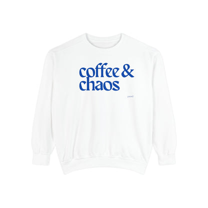 Coffee & Chaos in blue  Unisex Garment-Dyed Sweatshirt, Cozy Casual Wear, Gift for Coffee Lovers, Ideal for Relaxing Days, Perfect for Birthdays
